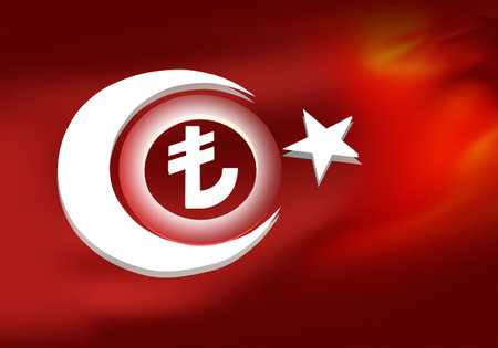 Sign Turkey Lira on background of national flag. Economic situation in Turkey. Lira logo inside white crescent. Turkey financial market. National currency of Turkish Republic. 3d image.の写真素材