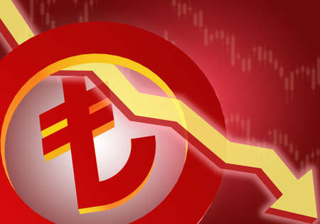 Lira falling graph. Declining quotes in Turkish currency. Economic crisis in Turkey. Devaluation of lira. Devaluation of Turkey's monetary currency. Turkish collapse. Lira logo on red. 3d image.の写真素材
