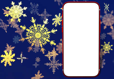 Christmas phone mockup. New Year snowflakes on blue background. Mobile phone with blank screen. Smartphone with multi-colored snowflakes. Space for ads recommendation. Place for your apps. 3d imageの写真素材
