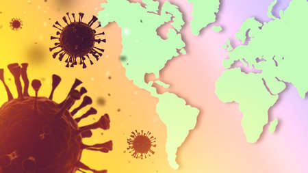Omicron virus molecule. Global danger of COVID-19. Bacteria in front of world map. Place for your text. Coronavirus lockdown international. Biohazard OMICRON delta. SARS-CoV-2 epidemic. 3d rendering.の写真素材