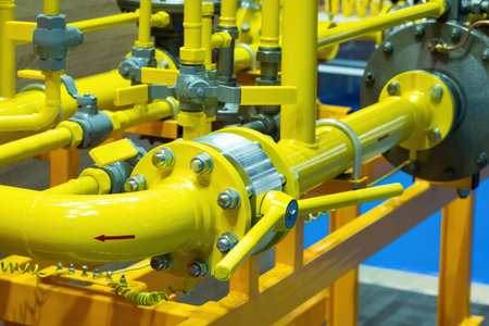 Gas pipes of yellow light. Gasification pipeline. Gasification of industrial enterprise. Boiler...