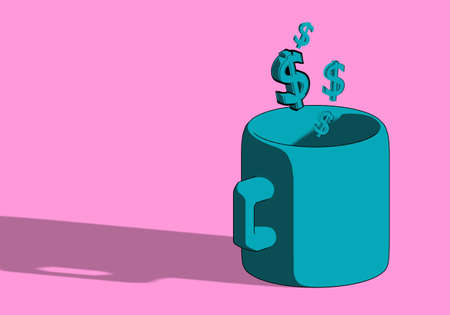 Mug with dollar signs. Wine glass with handle on pink background. Dolar as metaphor for income. Income from sale of drinks concept. Three-dimensional mug with dollar signs. 3d rendering.の写真素材