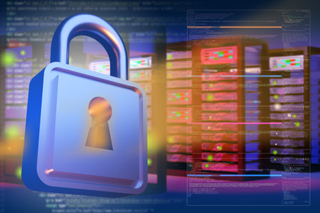 Data protection on servers concept. Protection of data centers from hacking. Castle on backdrop of...