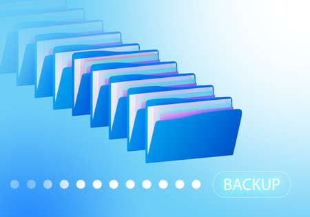 Backup and recovery data. Backing up electronic data. Folders with papers and backup logo on blue background. Caring for safety of information. Solution for working with data. 3d image.の写真素材