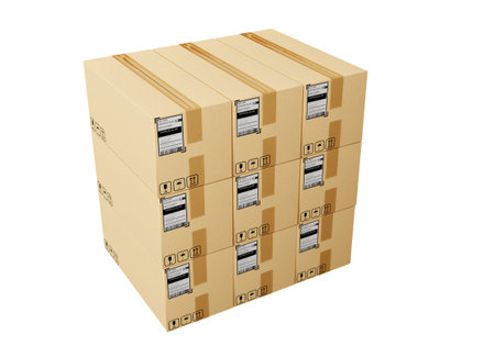 Cardboard boxes on top of each other. Several cardboard parcels. Boxes with information stickers....