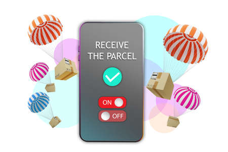 receive parcel interface. Mail application in smartphone. Phone with letters receive parcel. Parcels with parachutes on white background. Concept - tracking package in application. 3d rendering.の写真素材