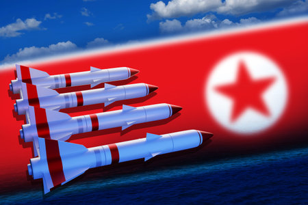 Rockets attacking DPRK flag. Missile armament of North Korea. Korean flag is blurred. Rockets on background of cloudy sky. Aerial threat to North Korea. Threat of aerial missile attack. 3d image.の写真素材