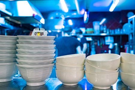 Plates. Shelf with plates in a restaurant. Shelf with utensils. Dishes in the Restaurant. Concept -...