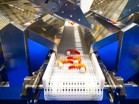 Shrimp in a production plant. Large shrimp move on the conveyor. Seafood Processing Plant. Equipment...
