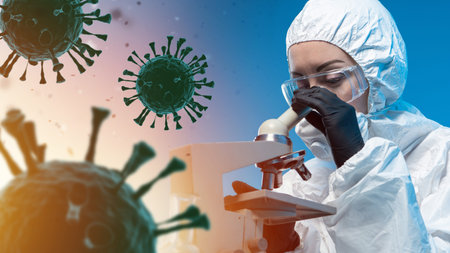 Omicron virus research. Virologist with microscope. COVID-19 bacteria in foreground. Coronavirus...