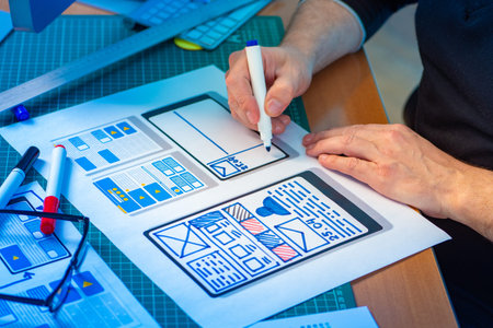 User interface design.Man comes up with the application. The designer resets the program interface....