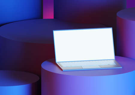 Laptop with blank white screen. Laptop mockup on purple background. Computer with application space. Place for your recommendation. Template for ads banner. Computer screen mockup. 3d rendering.の写真素材