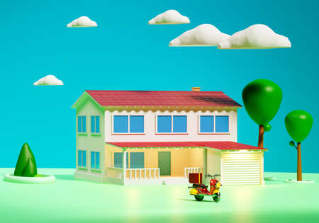 Country house next to scooter. Delivery man's motorcycle next to cottage. Courier scooter near house. Cartoon banner of delivery service. Visualization of two-story cottage. 3d image.の写真素材