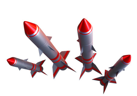 Several cruise missiles. Set of rockets on white background. Isolated rockets of gray-red color....