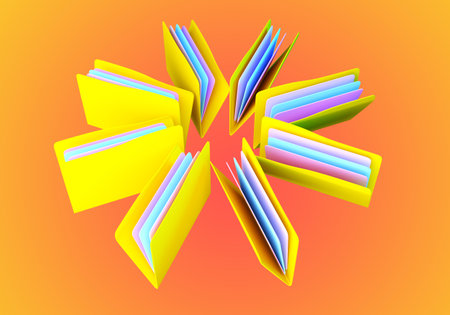 Folders with papers. Information archive. Visualization of document folders on orange background. Storage of documentation. Paper or electronic data. Information organization concept. 3d image.の写真素材