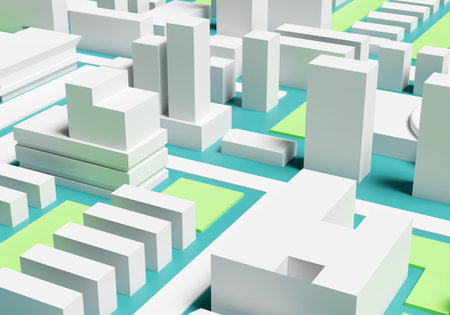 Architectural visualization. Three-dimensional city map close up. Architectural building layout. City layout with roads. Urban space top view. Buildings in modern Cityscape. 3d rendering.の写真素材