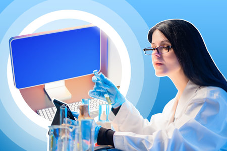 Woman laboratory assistant. Lobaratorium employee. Mockup of computer in front of laboratory...