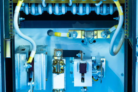 Electrical equipment close-up. Automation in electrical cabinet. Power wires with switches. Electric...