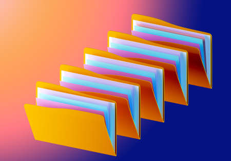 Virtual database concept. Digital storage of information. Virtual database. Digital archive on Internet. Yellow folders of papers on colorful background. Data processing and distribution. 3d image.の写真素材