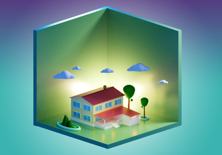 Large private house. Exterior of cartoon house inside cube. Illustration with house in cartoon...