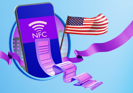 Payment with NFC in USA concept. NFC   and American flag. Payment using PayPass system. Contactless...
