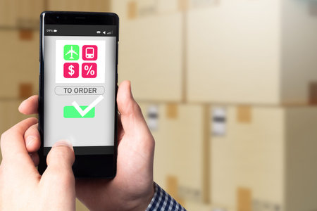 Ordering goods via phone. Concept - shopping in online store with delivery. Logistics options...