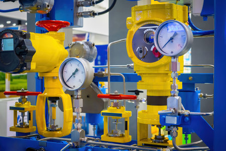 Gas pipes with pressure sensors. Pressure sweepers and valves on yellow pipes. Route gas station....