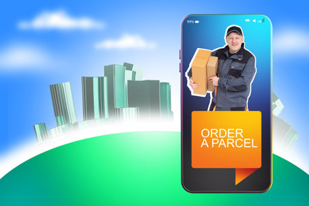 Order parcel. Parcel is in hands of courier. Postman at smartphone screen. Courier application concept. Search for supplier in apps. Tracking packages in apps. Postman naphone cityscapeの写真素材