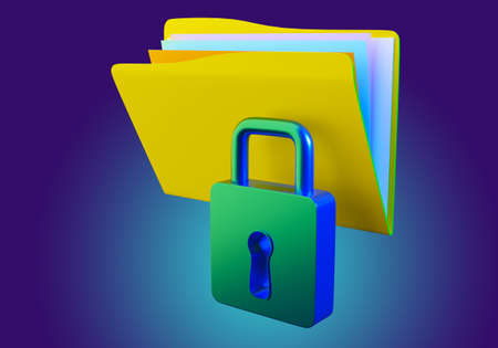 Information protection concept. Folder symbolizes storage of data. Protection of personal data. Protection of information on computer. Data warehouse security. Lock and folder of papers. 3d image.の写真素材