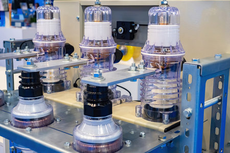 Switching module close-up. Vacuum circuit breakers in alternating current networks. Electrical equipment. Transparent flasks with transformers. Electrical transformers in switching systemの写真素材
