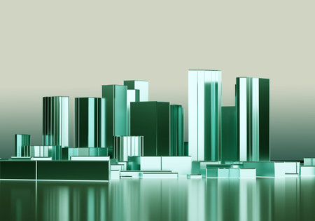 City skyline. Skyline landscape with skyscrapers. City skyline in foggy green. City skyscrapers. Downtown with high-rise buildings. Visualization of architectural landscape. 3d rendering.の写真素材