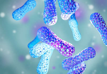 Microbiome of organism. Anaerobic bacteria in human body. Visualization bifidobacterium turquoise background. Beneficial bacteria in human body. Microbiome background. Microbiome bacteria. 3d imageの写真素材