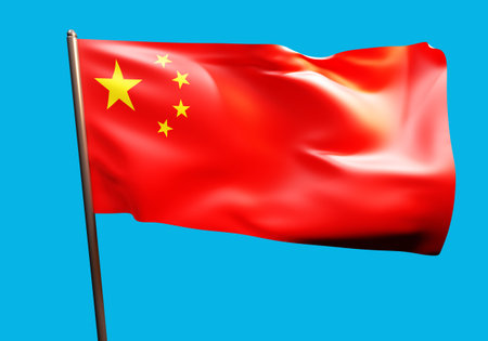 Chinese flag on flagpole. People's Republic of China. China symbol close up. Three-dimensional flag...