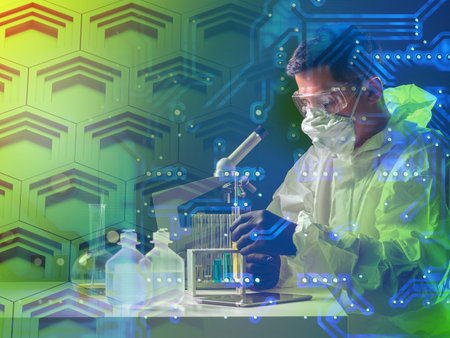 DNA structure near scientist. Male geneticist is studying DNA. Cells of genetic structure next to...