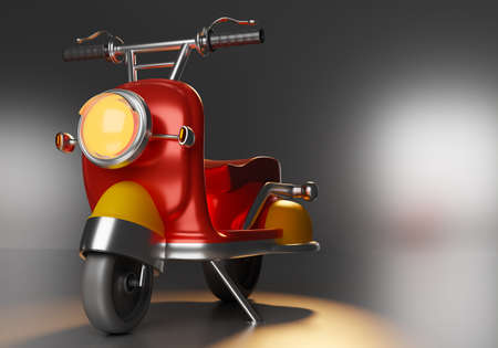 Red scooter. Detailed model of scooter. Lightweight vintage motorcycle. Visualization of scooter on dark background. Vintage motoroller model. Detailed motoroller model. 3d rendering.の写真素材