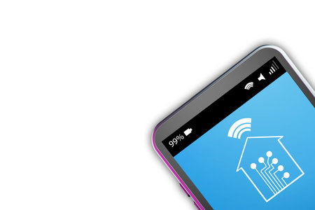 Home control via wifi. Iot technology in phone screen. Copy space on white background. Smart home...