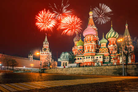 Moscow fireworks. Russia on New Year's Eve. Fireworks over red square. Moscow Kremlin. St. Basil's Cathedral. Christmas Kremlin. Winter on Red Square. New Year in Moscow. Christmas capital of Russiaの写真素材