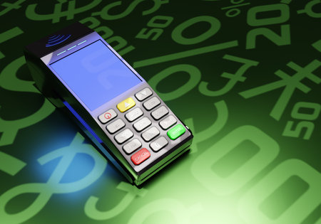 Payment machine. POS terminal. Bank terminal for payment. Detailed POS terminal template. POS...