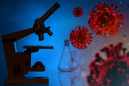 Virus molecules next to microscope. Red molecules of  virus. Concept - research on coronavirus diseases. Virological scienceの写真素材