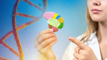 Woman with brain model in her hand. Genetic spiral is in background. Metaphor of influence of...