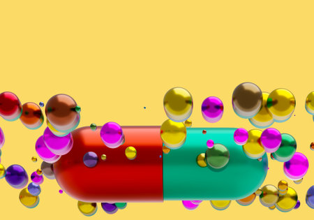 Green-red pill close-up. Tablet capsule on yellow background. Concept - capsule in human body. Capsules symbolize dietary supplements. Metaphor for taking probiotics. Probiotic tablets. 3d imageの写真素材