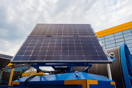 solar panel is directed towards sky. Solar panel. Metal installation with solar panels. Concept is...