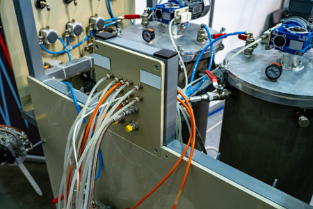 Industrial equipment. Stainless steel tanks with monometers. Fragment of production equipment. Metal...