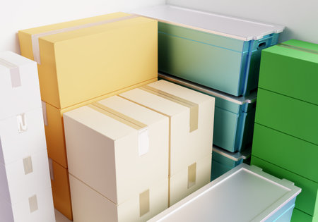 Storage boxes close-up. Cardboard and plastic storage boxes. Storage boxes for safekeeping of personal items. Three-dimensional chests. Multi-colored containers for personal belongings. 3d image.の写真素材