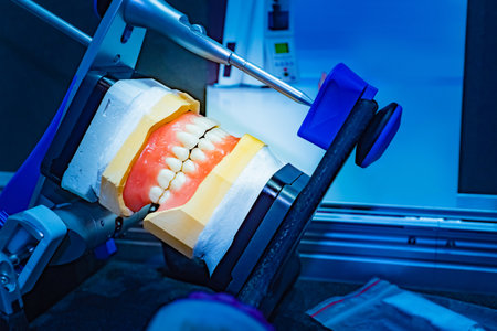 Dental technician. Dental orthopedics. Innovative technologies in dentistry. Wax modeling. Concept - Dentist. Teeth treatment. Prosthesis. Robotic denture treatment. Stomatological Industriiaの写真素材