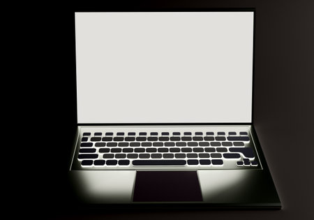 Laptop template. Laptop white screen. Open notebook front view. Visualization laptop on black background. Realistic computer with blank screen. Layout for demo software. Notebook template. 3d imageの写真素材