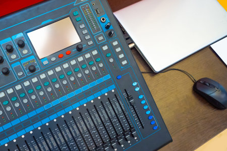 Equipment for conferences. The mixing console is connected to the computer. Sound equipment for...