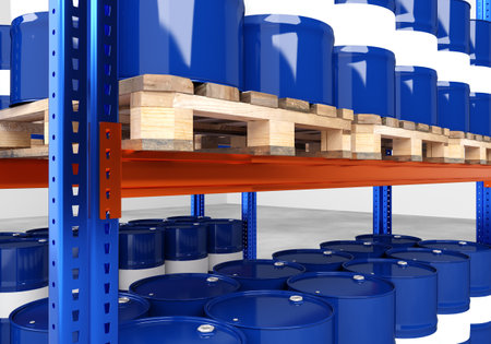 Petrolium barrels close up. Metal barrels for crude oil. Oil and gas industry. Concept - warehouse of oil refinery. Barrels on pallets close-up. Warehouse storage petrolium. 3d rendering.の写真素材