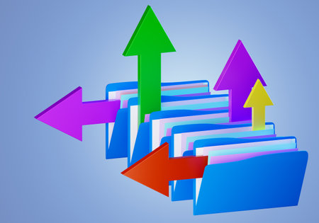 Data exchange technologies. Folders of papers with arrows. Network data exchange concept. Data exchange software. Storage and transmission of information. Distribution of information flows. 3d image.の写真素材