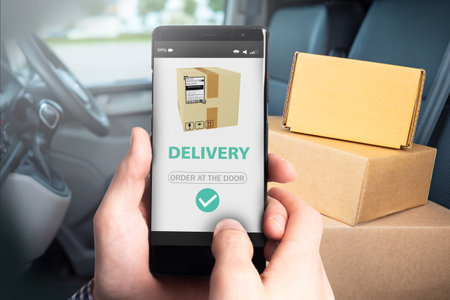 Courier business. Delivery box in phone interface. Execution of courier orders concept. Courier delivery to door. Work in order delivery service. Hands are honored next to boxes and carの写真素材